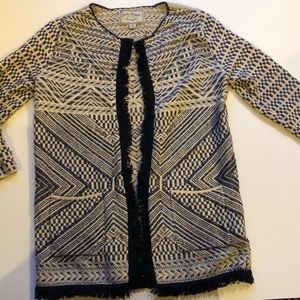 LUCKY BRAND Boho Open Sweater Jacket Small Cotton Geometric 3/4 Sleeve Western